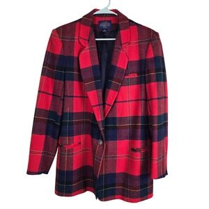 Vintage Kenneth Gordon USA Made Red Tartan Plaid 100% Wool Blazer Jacket Size 10